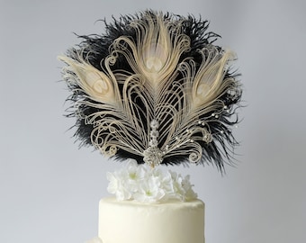 Feather Cake Topper Gatsby 1920s Wedding Black Ivory Cake Topper, Personalized Cake Topper Birthday Custom Ostrich Peacock Cake Topper gift