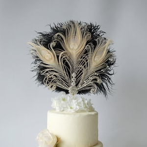 Feather Cake Topper Gatsby 1920s Wedding Black Ivory Cake Topper, Personalized Cake Topper Birthday Custom Ostrich Peacock Cake Topper gift image 1