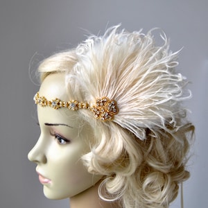Gold Clip and Headband, The Great Gatsby Headband 1920s  Flapper Feather Headband headpiece Gold, Champagne rhinestone Fascinator Hair Clip