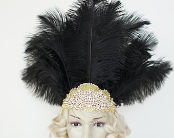 Black Gold Crystal Feather carnival headdress, Gatsby flapper headband, 1920's flapper Headpiece, Samba party Crystal Headband headdress