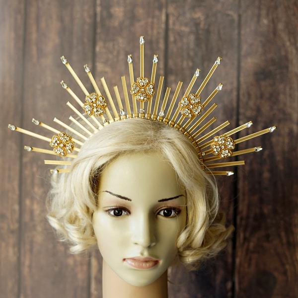 Crystal Halo Crown, Sunburst Crown Fashion Headband Goddess headdress Halo Crown Star Crystal Rhinestone Gold Halo Spiked Headpiece gift