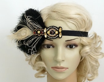 Black Ivory Flapper Headband,The Great Gatsby headpiece, 1920s Flapper Feather Headband, Vintage Inspired,1930's, Feather, Art Deco headband