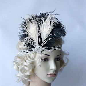 Tocado de pavo real de marfil negro de la década de 1920, tocado de diadema flapper, Gatsby de la década de 1920, diadema de cristal, tocado de plumas de pedrería, fascinador