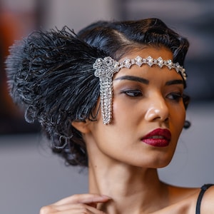 Silber Schwarz Strass Perlen Stirnband Kopfschmuck mit Federn, Hochzeit Kristall Great Gatsby Stirnband