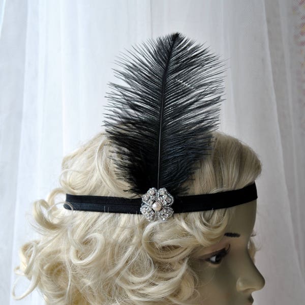 Bandeau noir plumes clapet, casque The Great Gatsby, bandeau clapet des années 1920 en strass, cadeau bandeau plume de demoiselle d'honneur vintage