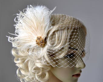 Pièce de tête strass des années 1920 voile de mariée blanc postiche coiffe plume des années 1920 bandeau de mariée voile de mariage et fascinateur