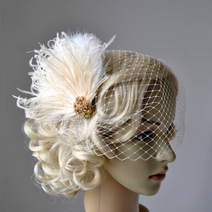 1920s Rhinestone head piece Bridal Veil White hairpiece headbpiece Feather 1920s Headpiece Bridal fascinator Wedding Veil and fascinator