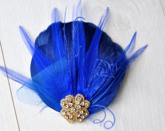 Royal Blue Feather Fascinator Hair Clip Downton Abbey 1920's flapper headpiece Great Gatsby, Feather bridal fasciantor feather hair piece