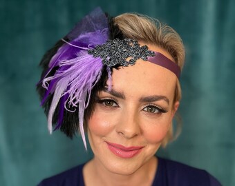 Black Purple Feather Headpiece, Great Gatsby 1920s headpiece headband,  Flapper Feather Headband,purple grey beaded headband