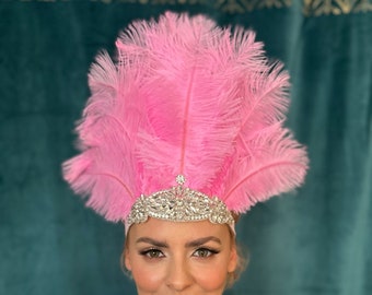 Tocado de carnaval de plumas rosas, diadema flapper de Crystal Gatsby, diadema de tocado flapper de los años 20, tocado de diadema de cristal de fiesta de Samba