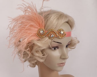 Peach Great Gatsby,20's flapper Headpiece, Vintage Inspired, Bridal 1920s Headpiece ,1930's, Rhinestone headband, Rhinestone flapper