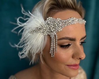 Diadema de tocado de marfil de Gatsby 20, diadema de aleta de perlas 1920 fascinador de tocado de aleta, regalo de diadema nupcial de plumas de cristal