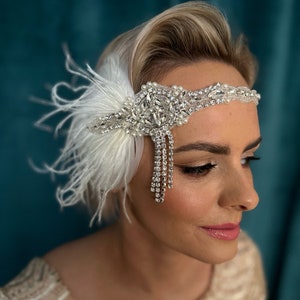 Gatsby 20's ivoor zendspoel hoofdband, parels flapper hoofdband jaren 1920 flapper zendspoel tovenaar, kristallen veer bruids hoofdband cadeau afbeelding 1