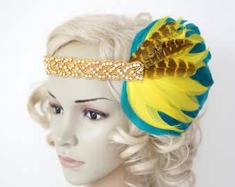 Tocado yeallow dorado de la década de 1920, diadema de aleta dorada, diadema de boda nupcial azul amarillo, tocado de aleta Crystal Gatsby