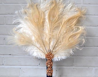 Rose Gold Bridal alternative Ostrich Feather Fan, Bridesmaid Fan gift  Bouquet Great Gatsby 1920s Bouquet wedding groom feather boutonniere