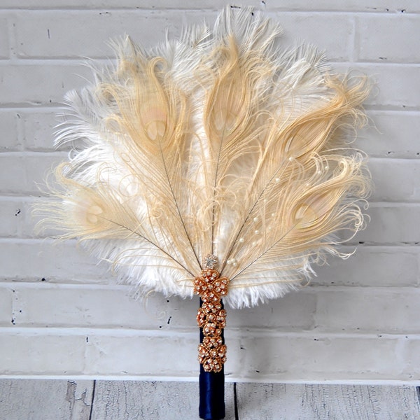 Rose Gold Bridal alternative Ostrich Feather Fan, Bridesmaid Fan gift  Bouquet Great Gatsby 1920s Bouquet wedding groom feather boutonniere