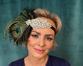 Green black crystal headpiece, Great Gatsby flapper Headpiece, Wedding Bridal 1920s Headpiece Rhinestone gift flapper headpiece headband