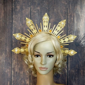Gold Halo Crown, Rhinestone Gold Halo Crown, Crystal Halo Headpiece Headband, Sunburst Halo Headlights Flower Crystal Wedding Crown Headband