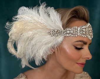 Big Double Sided Feather Carnival Headdress Gatsby rhinestone flapper headband, 1920's flapper Headpiece headband silver Samba party Crystal