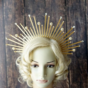 Gold Halo Crown, Fashion Headband Halo, Met Gala Halo Crown Headpiece, Crystal Rhinestone Gold Halo Wedding Headpiece Gold Sunburst Crown