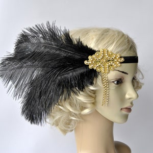 Black and gold The Great Gatsby 1920&#39;s flapper Headpiece headband, 1920s Headpiece ,gatsby Rhinestone headband gold chain flapper headpiece