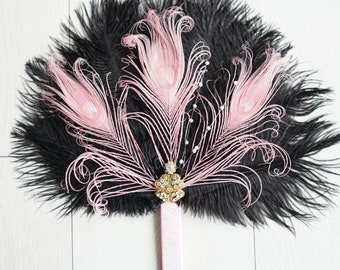 Pink Black Fan,Peacock Bridesmaid Bridal Feahter Fan, Bridal Bouquet, Gatsby 1920s Bouquet wedding feather boutonniere, bridesmaid gift