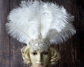 Tocado de carnaval Crystal Feather Diadema flapper Gatsby, diadema de tocado flapper de 1920, regalo de tocado de diadema de cristal de fiesta de Samba