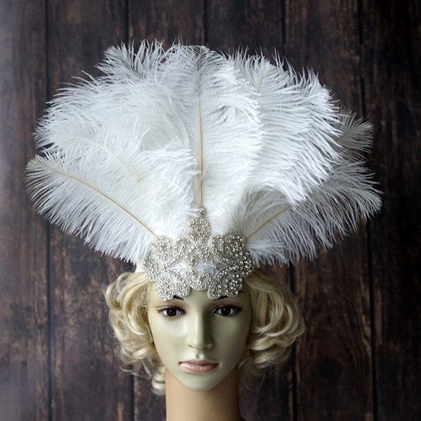 Tocado de carnaval Crystal Feather Diadema flapper Gatsby, diadema de tocado flapper de 1920, regalo de tocado de diadema de cristal de fiesta de Samba