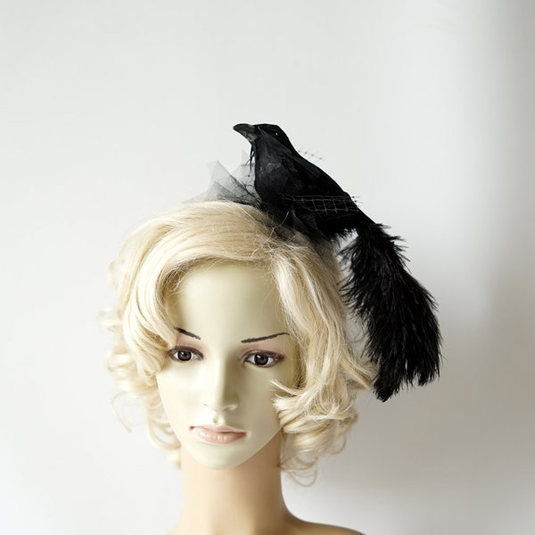 Schwarzer Vogel Fascinator Stirnband schwarze Feder Fascinator Vogelnest Stirnband, Vogelkrähe Goth Kopfschmuck Vogelkostüm, Halloween Fascinator