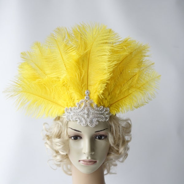 Yellow Crystal Feather carnival headdress, Yellow Gatsby headband, 1920's flapper Headpiece headband, Samba party Crystal Headband headdress