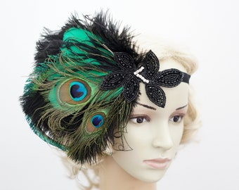 Casque gatsby paon vert noir, casque clapet mariée paon des années 1920, cadeau casque bandeau Gatsby strass paon vert