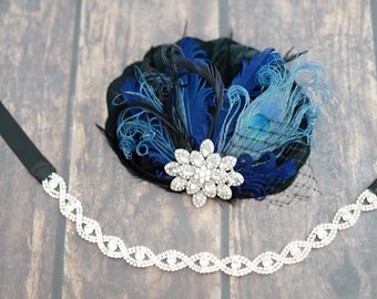 Cristal bleu marine noir ; Bandeau de clapet, bandeau de mariage en cristal de mariée en cristal des années 1920, grand casque de gatsby, pince à cheveux de paon bleu marine noir