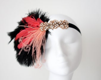 Black raspberry Feather headpiece, Gatsby 1920s headpiece Flapper Headband, boho gatsby rose gold crystal headband headpiece headdress