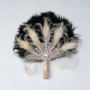 Éventail de bouquet de mariée en or rose noir, grande alternative autruche, éventail de plumes, Ivoire Gatsby, cadeau bouquet de mariage art déco des années 1920