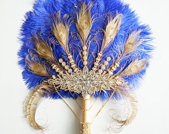 18" tall  Gold Bridal Fan brooch Bouquet, Gold Ostrich alternative Feather Fan, Bridal Gold Royal Blue Gatsby 1902s wedding bouquet fan