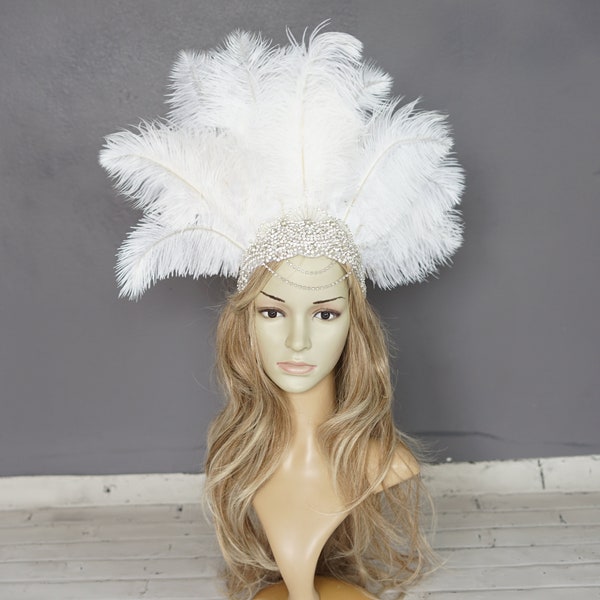 Grande coiffe de carnaval de plumes de cristal, bandeau de clapet Gatsby, bandeau de casque de clapet des années 1920, coiffe de bandeau de cristal de partie de samba