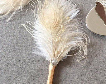 Gold boutonniere Ostrich Feather Bridal Ivory Great Gatsby 1920s groom groomsmen boutonnire  wedding bride feathers boutonniere button hole