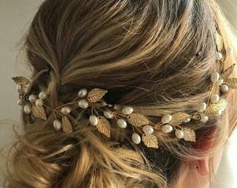 Gold Leaf Bridal Pearl Hair vine Comb , Wedding Hair Comb vine, Hair Chain Bridal hair veil comb 1920s jewellery  headpiece NATURE GOLD