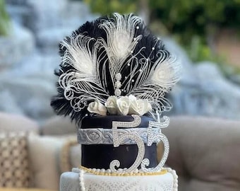 Gold Black Ivory Cake Topper, Feather Gatsby 1920s Wedding