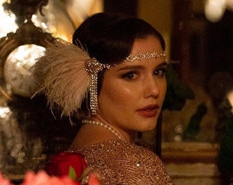 Rose Gold Rhinestone Pearls Headband headpiece with feathers, Great Gatsby Headband, Wedding 1920s Bridal rhinestone flapper headband gift