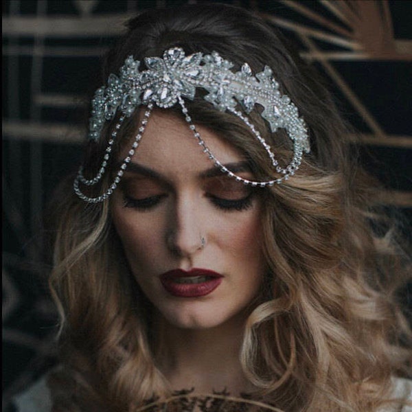 Rhinestone flapper Gatsby Headband, Wedding Hair Piece Chain 1920s Crystal Headband Headpiece, Bridal Headpiece, 1920s Flapper headband