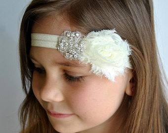 Ivory Shabby Chic Rhinestone headband, Flower Girl Headband, baby hair bows, wedding headband, baby headband, toddler headband, bridesmaid