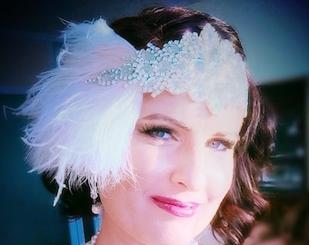 Glamour Rhinestone flapper Gatsby Crystal Headband, Wedding Headpiece, Bridal Headpiece, 1920s Flapper feathers
