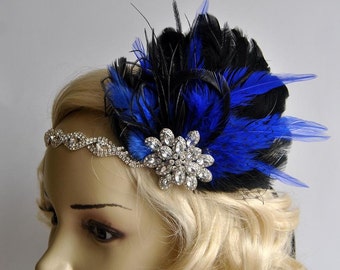 Splendor royal blue 1920s Rhinestone headband, Bridal Feather Fascinator, beaded Headband, 1920s Headpiece Bridal fascinator Wedding