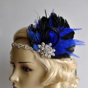 Esplendor azul royal 1920 strass faixa de cabeça, fascinator de penas de noiva, faixa de cabeça frisada, 1920s headpiece nupcial fascinator casamento