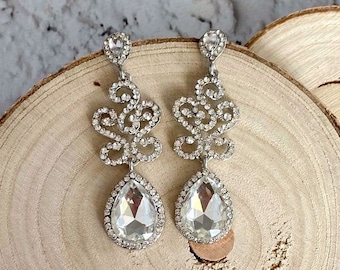 ANDREA Lampadario da sposa Orecchini di cristallo vintage Orecchini lunghi in stile vittoriano Gioielli da sposa Orecchini a goccia in argento Gatsby degli anni '20