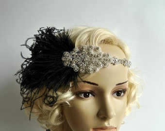 Black Feathers 1920s Rhinestone Headpiece,1920's head piece,Flapper headband,1930's, crystal headband, Rhinestone flapper headpiece in black