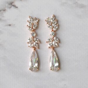 GRACIE Rose Gold Crystal Bridal Earrings, Wedding earrings, Wedding Jewelry, Long Bridal Bridesmaids earrings gift  Leaf Crystal Earrings