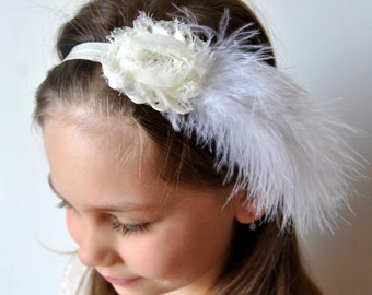 Ivory Shabby Chic feather headband, Flower Girl Headband, baby hair bows, wedding headband, baby headband, toddler headband, bridesmaid