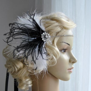 Kristall Strass Haarband Kopfschmuck, 1920er Jahre Flapper Gatsby Haarband, Hochzeit Haarband, Strass Feder Haarband Weiß und schwarz